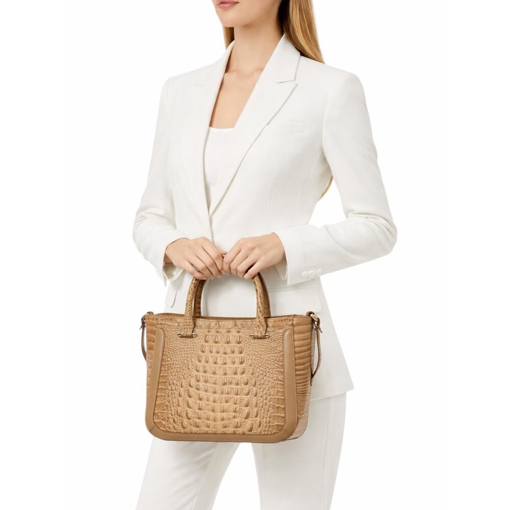 Brahmin Small Lena Satchel Bag Travertine Brevik Croc Embossed Suede Tan